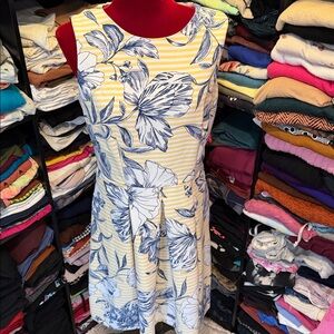 #407. Yellow and Blue Floral Striped Sleeveless dress. Large. Size 10